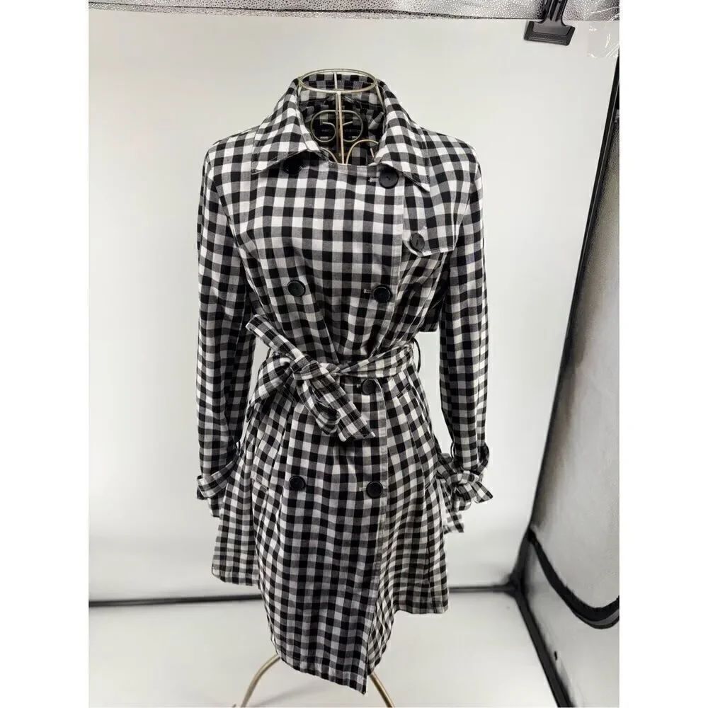 French Connection Gingham Trench Coat Women’s Small Black White Belted